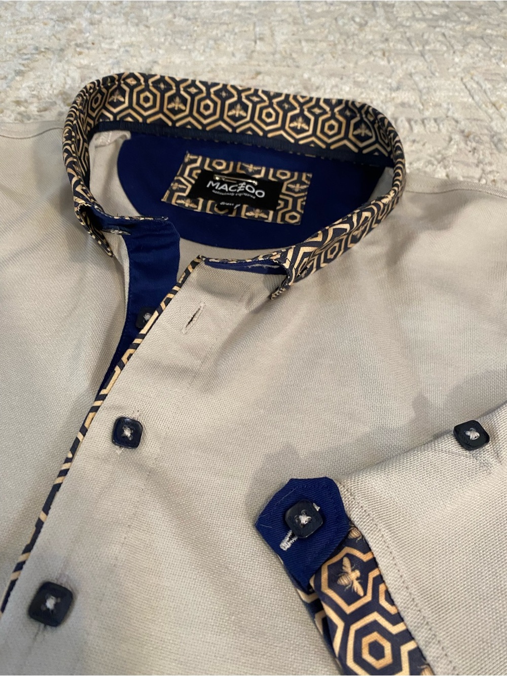 Men's BeigeGrey Maceoo Polo Shirt with Navy & Gold Trim